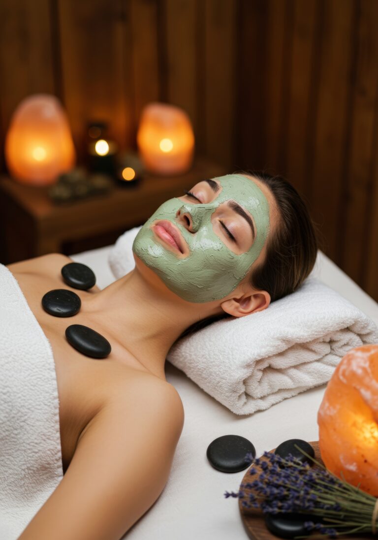 Guest relaxing with warm stones and a facial mask by candlelight